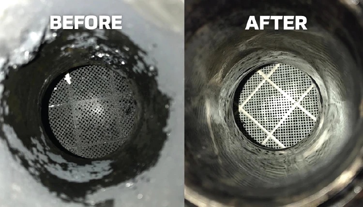 DPF end face before cleaning, black with soot, and after, clean honeycomb